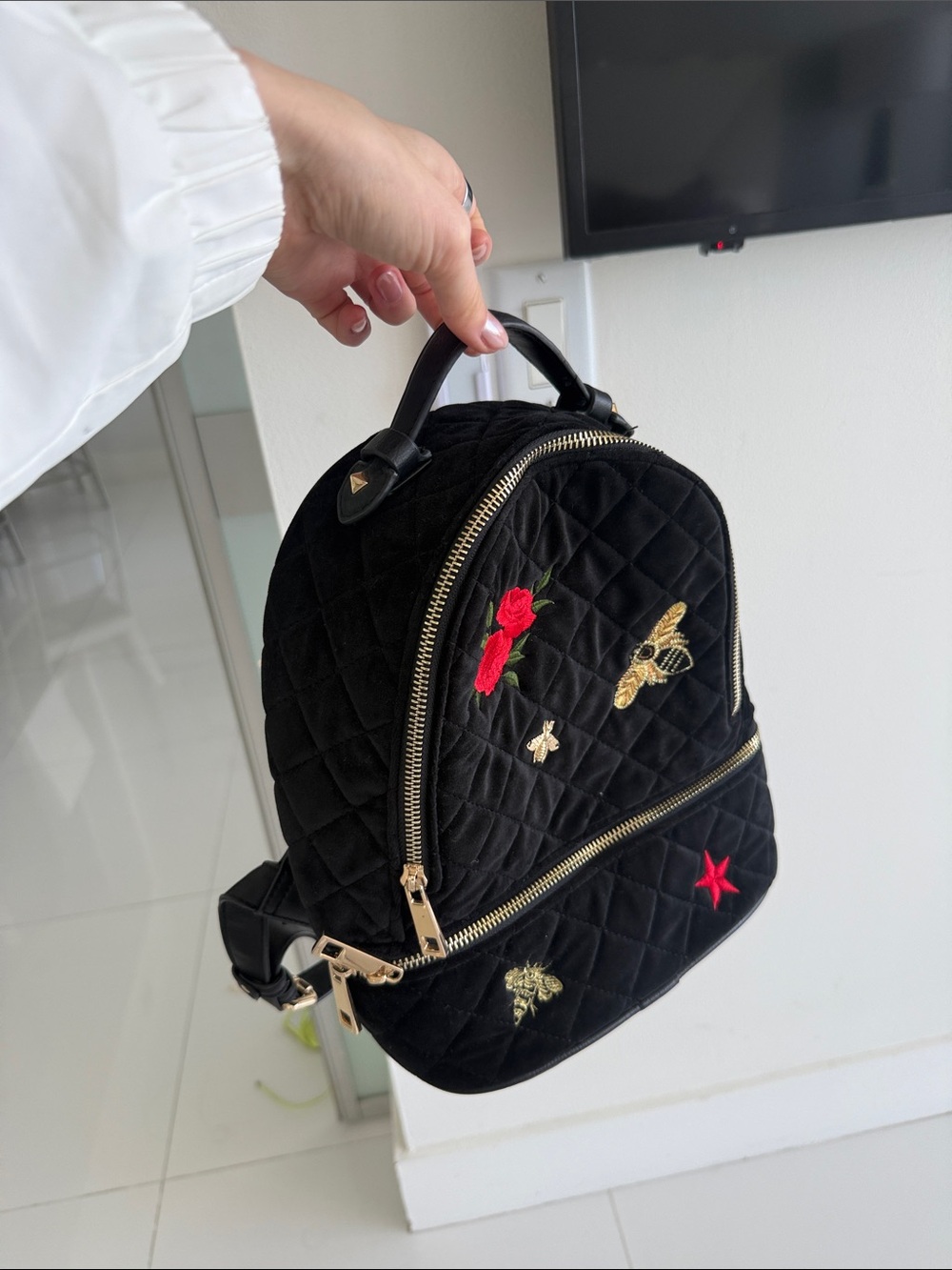 Black Quilted Velvet Mini Backpack with Embroidered Accents